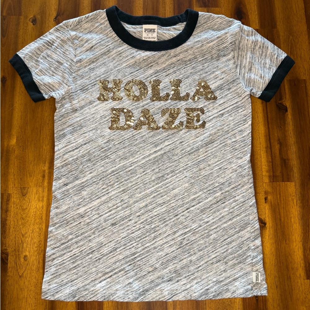 PINK Victoria's Secret Gray Graphic Sequin Tee T-Shirt Holla Daze Holidays